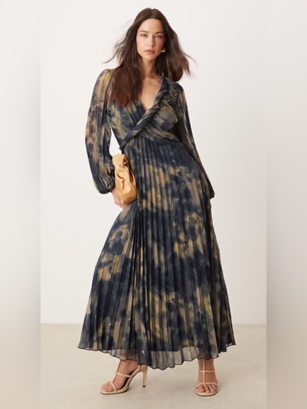ASOS Pleated Wrap Maxi Dress in Navy and Beige Tie-Dye